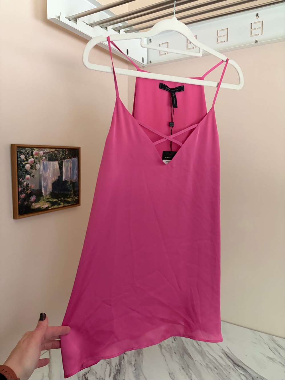 BCBGMAXAZRIA NWT Ibis Rose Pink Strappy Criss Cross Layered Cami Top L